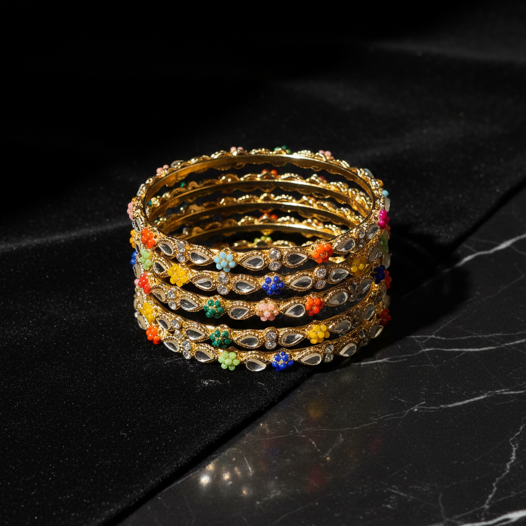 Gold Kundan floral bangle set on dark luxury background