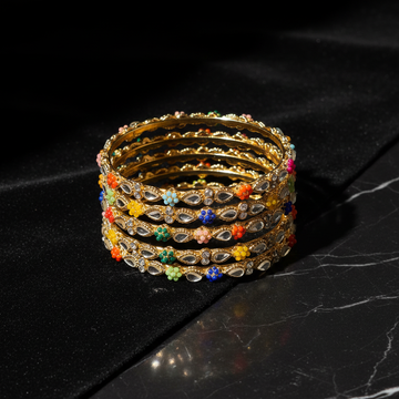 Gold Kundan floral bangle set on dark luxury background