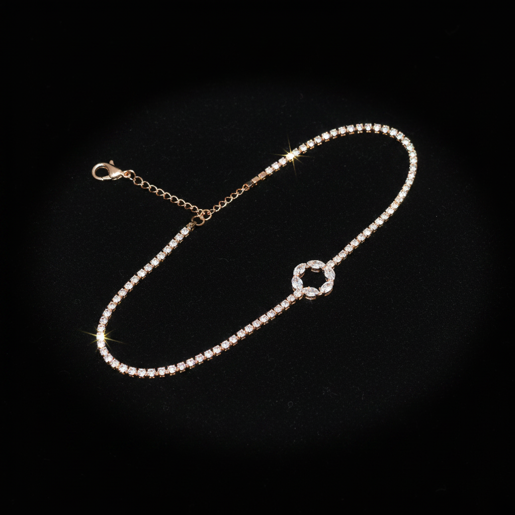 Rose gold crystal tennis bracelet with circle charm on dark luxury background