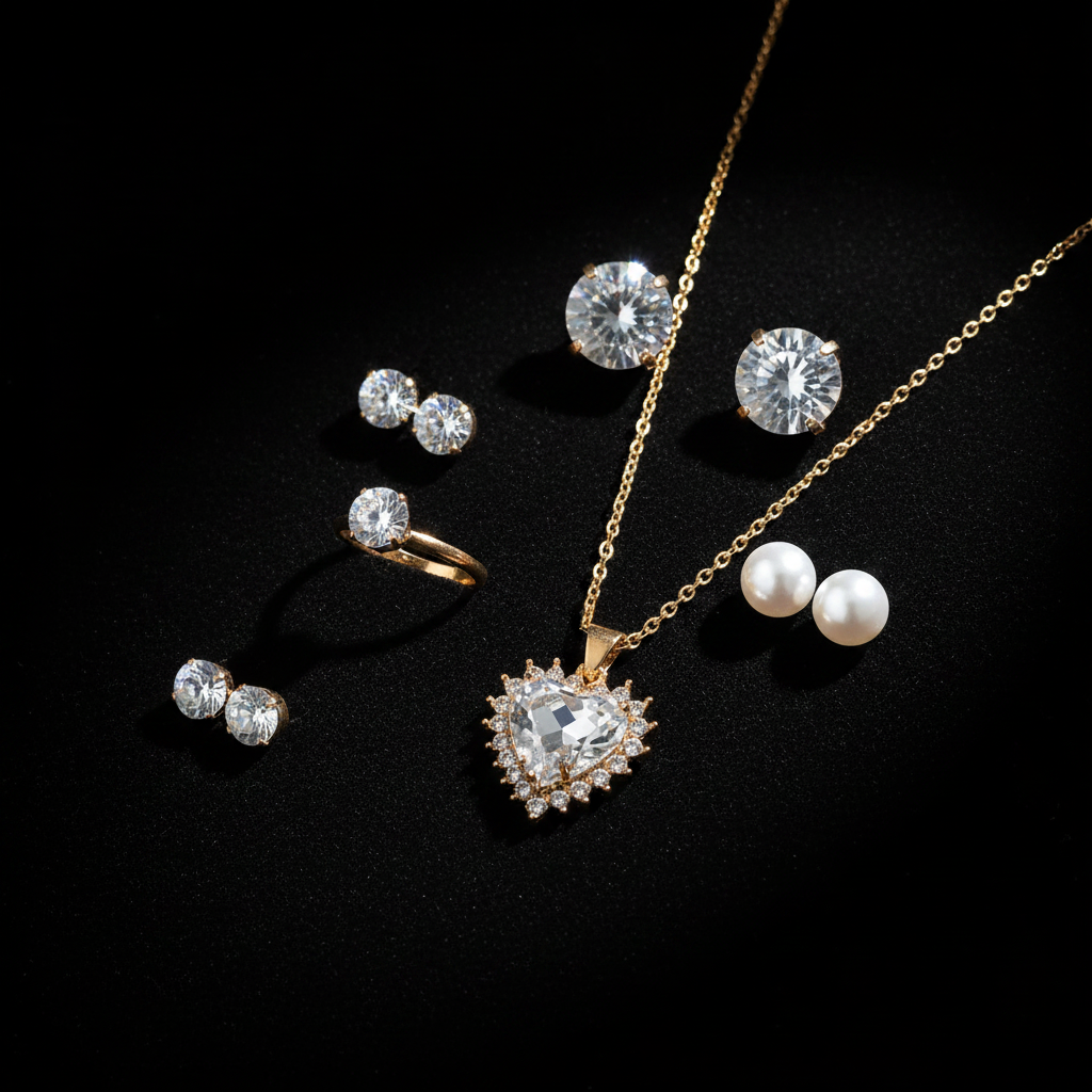 Gold 5-piece crystal jewelry gift set on dark luxury background