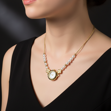 Pearl and gold watch pendant necklace worn around neck