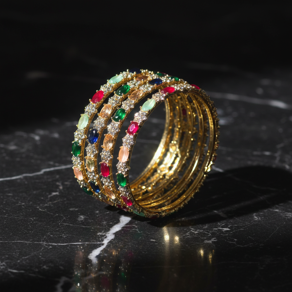 Multicolor oval gemstone gold bangle set on dark luxury background