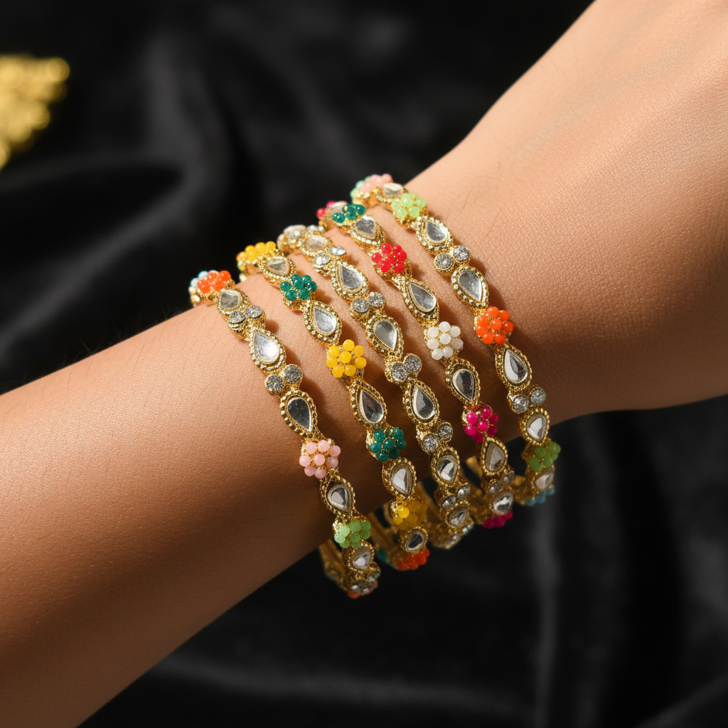 Gold Kundan floral bangle set worn on wrist