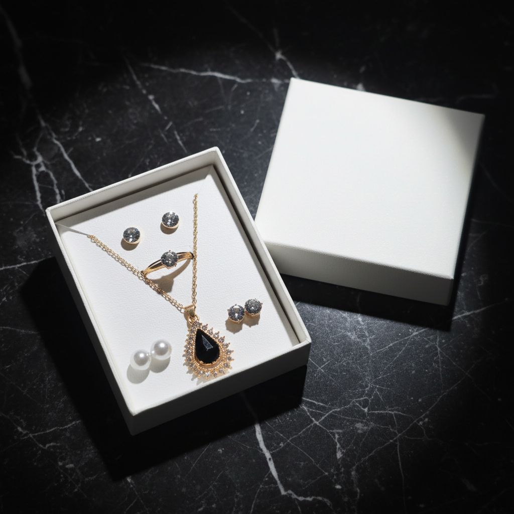 Gold 5-piece black teardrop jewelry gift set in white gift box on dark background