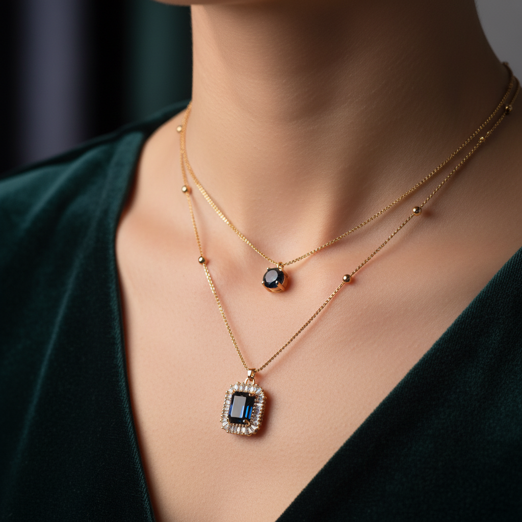 Gold double layer necklace with dark navy stone worn around neck