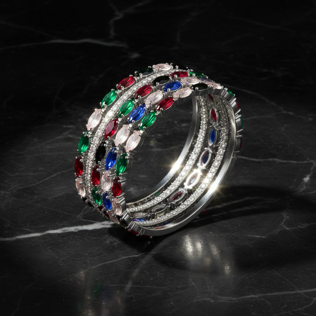 Multicolor crystal silver bangle set on dark luxury background