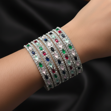 Multicolor crystal silver bangle set worn on wrist