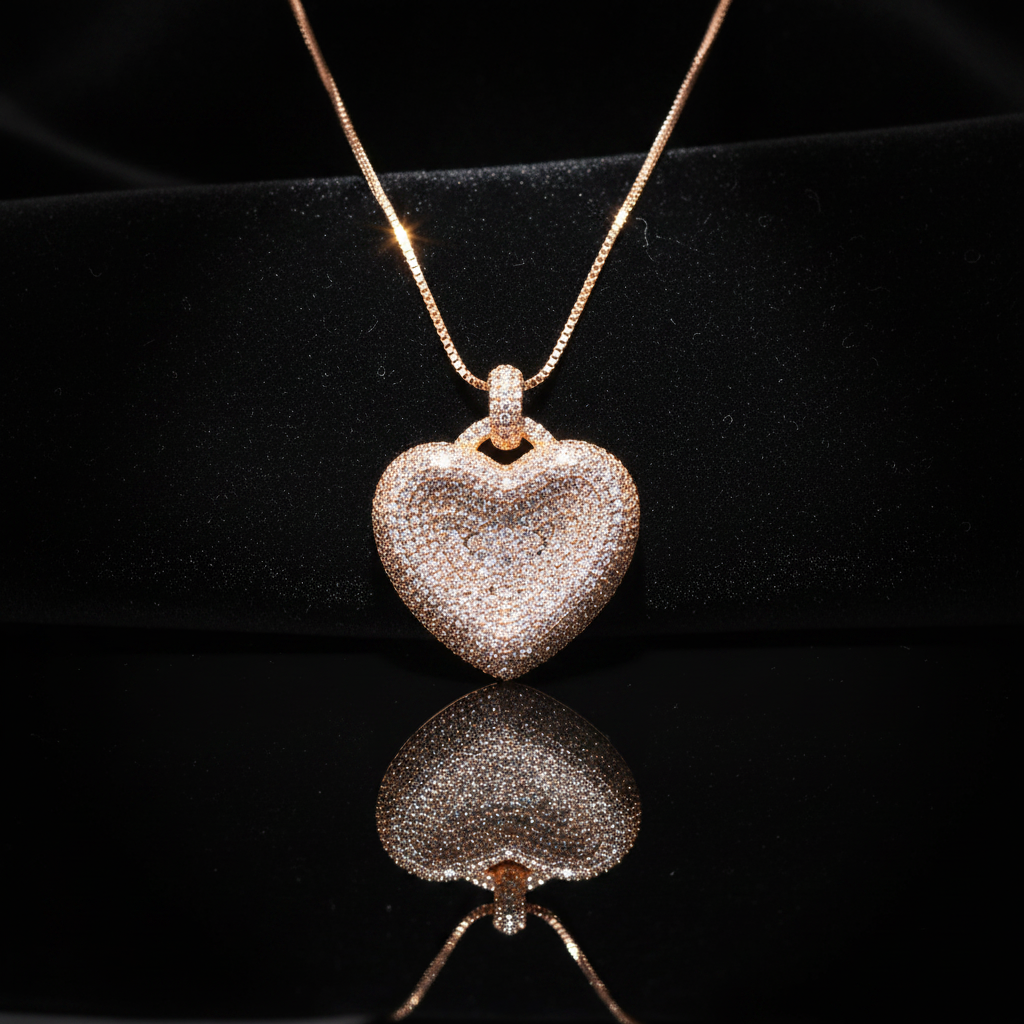 Rose gold puffy crystal heart pendant necklace on dark luxury background