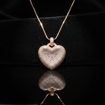 Rose gold puffy crystal heart pendant necklace on dark luxury background