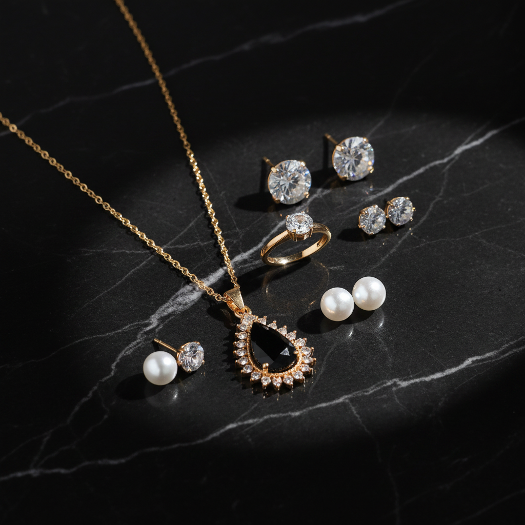 Gold 5-piece black teardrop jewelry gift set on dark luxury background