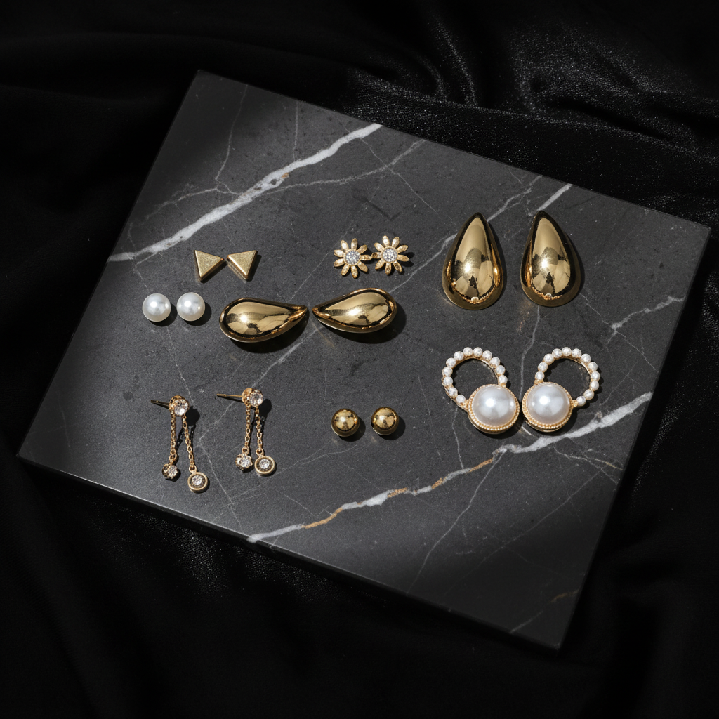 Gold 7 pairs weekly earring set on dark luxury background
