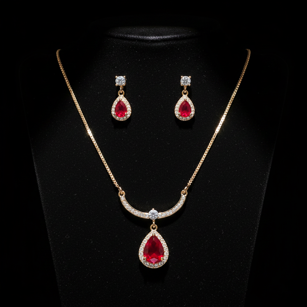 Gold ruby teardrop necklace and earring set on dark luxury background