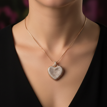 Rose gold puffy crystal heart pendant necklace worn around neck