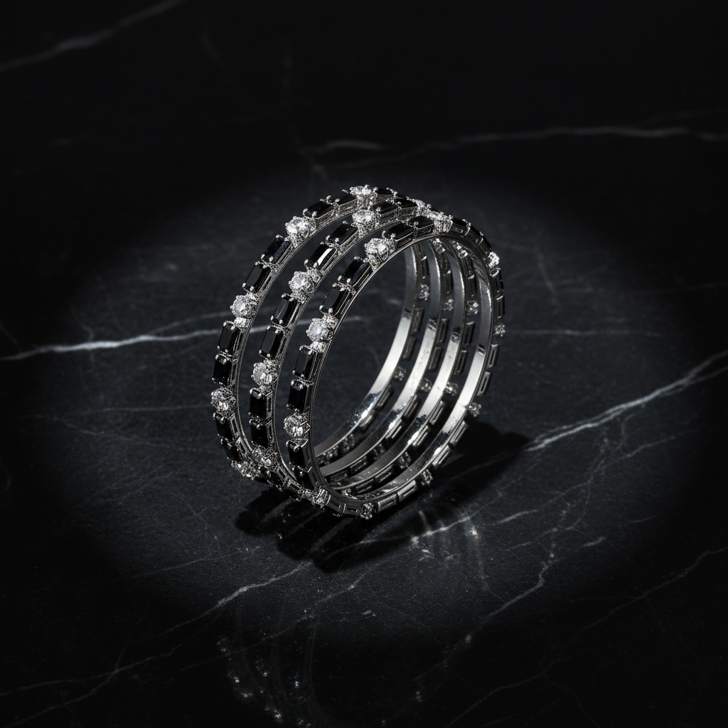 Silver Black Crystal Bangle Set Product Shot